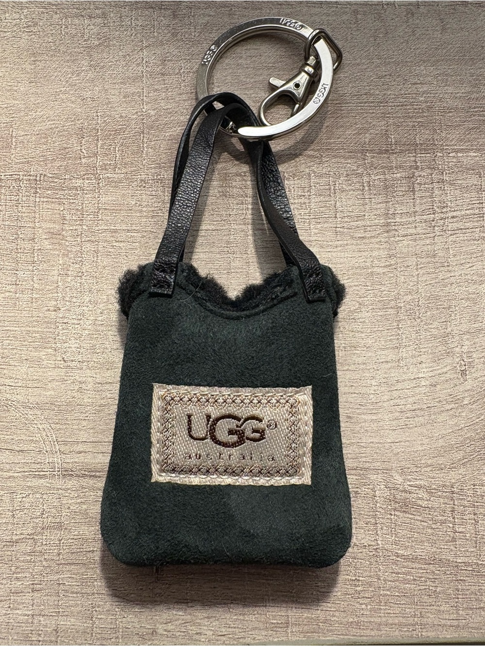 UGG Black Mini Sheepskin Bag Charm with Leather Strap